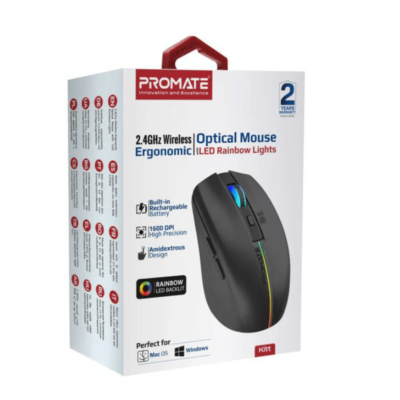 Promate Kitt 2.4GHz Wireless Ergonomic Optical Mouse with LED Rainbow Lights